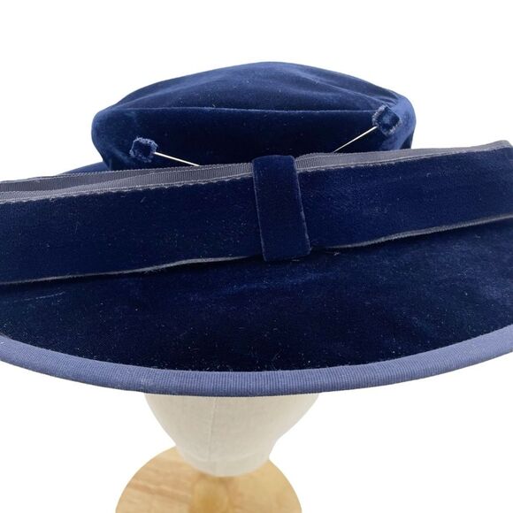 Vintage Makoff Salt Lake City Navy Blue Velvet Hat 22 1/2 Wide Brim Ribbon Bow - Picture 10 of 15
